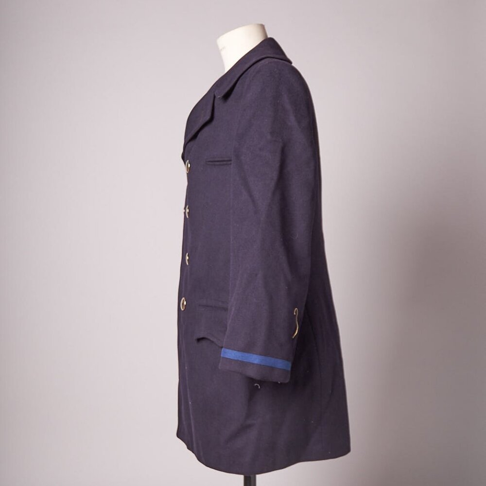 1960s Wool Uniform Pea Coat Gold Buttons and Blue Stripe Sleeve